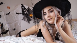 Cute horny witch gets facial and swallows cum